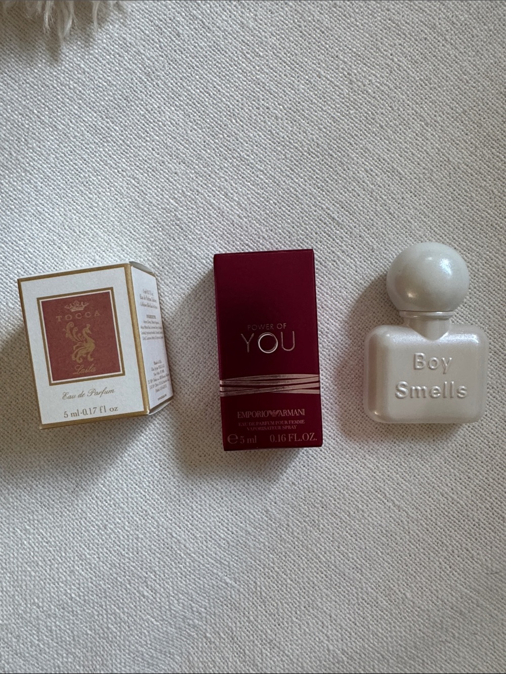 NWT three fragrances. Tocca-Laila, Armani-power of you, Boy Smells-good cream